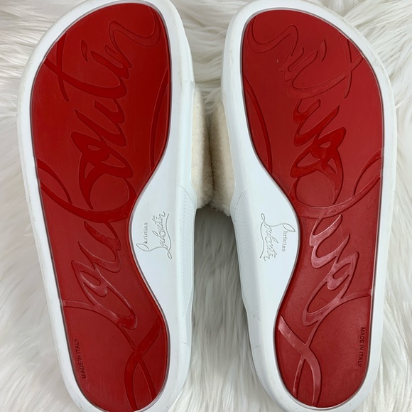 Christian Louboutin White & Navy Pool Donna Faux Fur Shearling Fuzzy Pool Slides - Picture 8 of 12